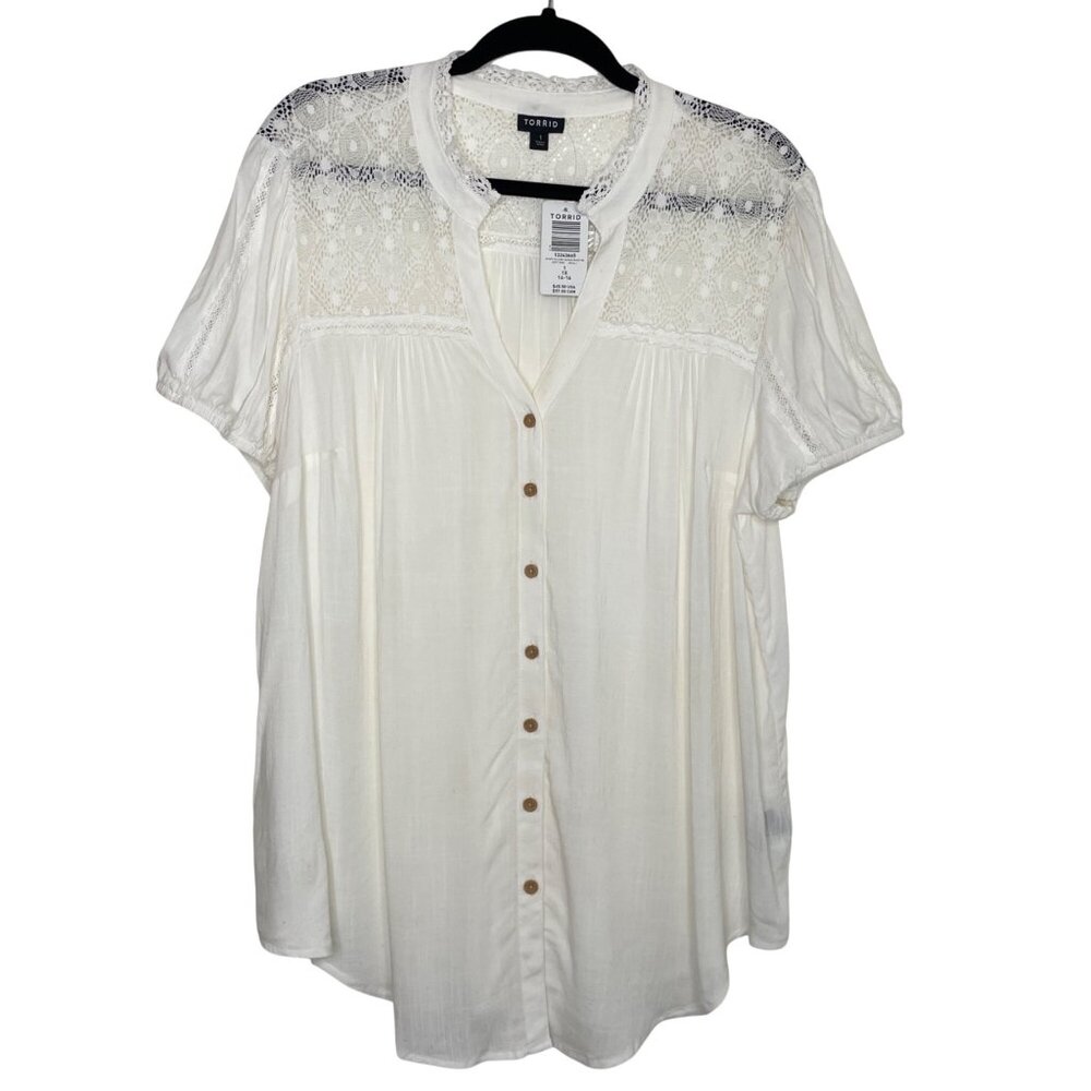 Torrid Womens Lace Short Sleeve Peasant‎ Button-Up White Top Size 1X NWT